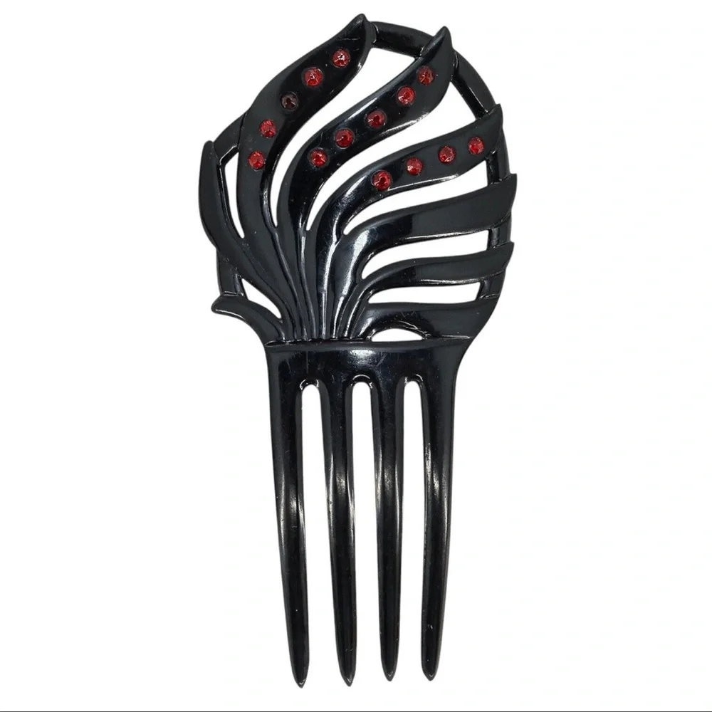 Vintage Black Celluloid Spanish Style Art Nouveau Hair Comb w Red Rhinestones